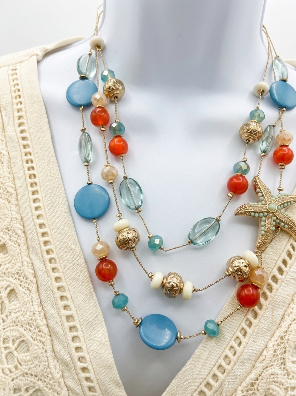 Multi-Strand Starfish Beaded Statement Necklace Nautical Coastal Jewelry